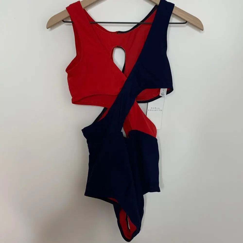Karla Colletto Helen High-neck Mono Red Navy One Piece Swimsuit New  Size 10
